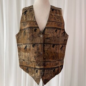 Vintage Leather Vest Egyptian Hieroglyph Print Brown Black 90s Unisex Large